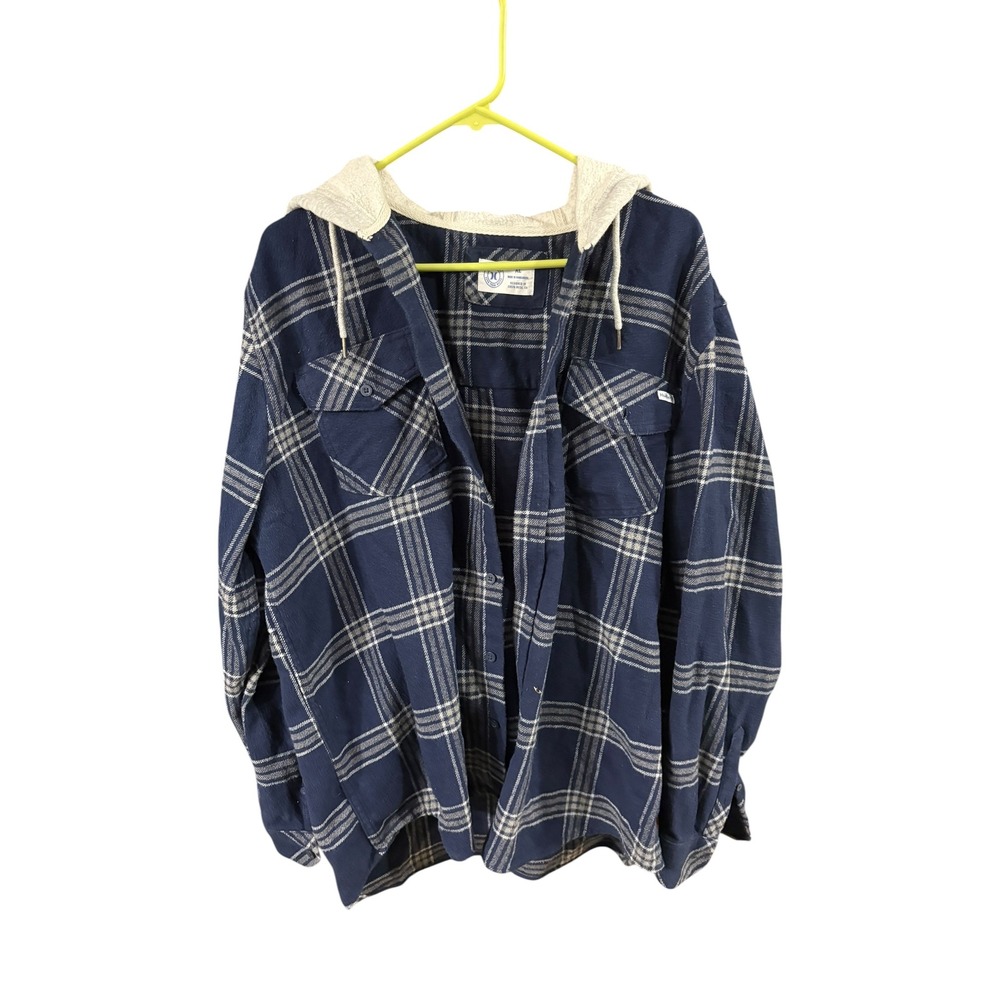 Hurley Mens Plaid Hooded Flannel Shirt Blue White Long Sleeve XL Thermal Hood